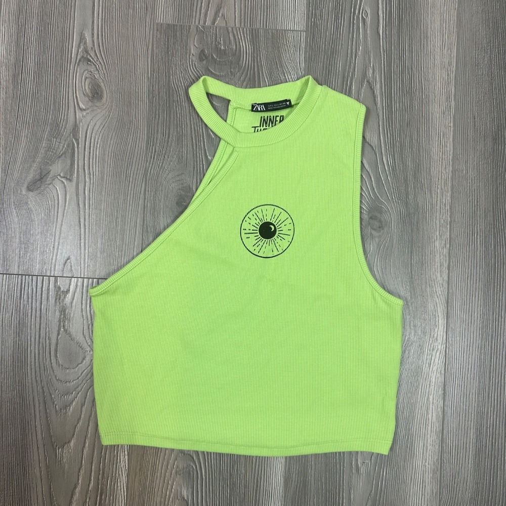 Zara Upcycled Lime‎ Green Ribbed Asymmetric Cropped Tank Top Colorful Summer
